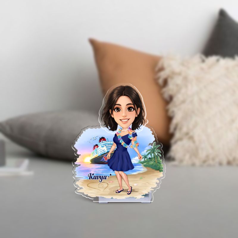 Personalized Bobblehead Caricature with Beach Theme Custom with Face Cutout & Name Birthday Gift for Girls Battery Powered Moving Head Tabletop Decor